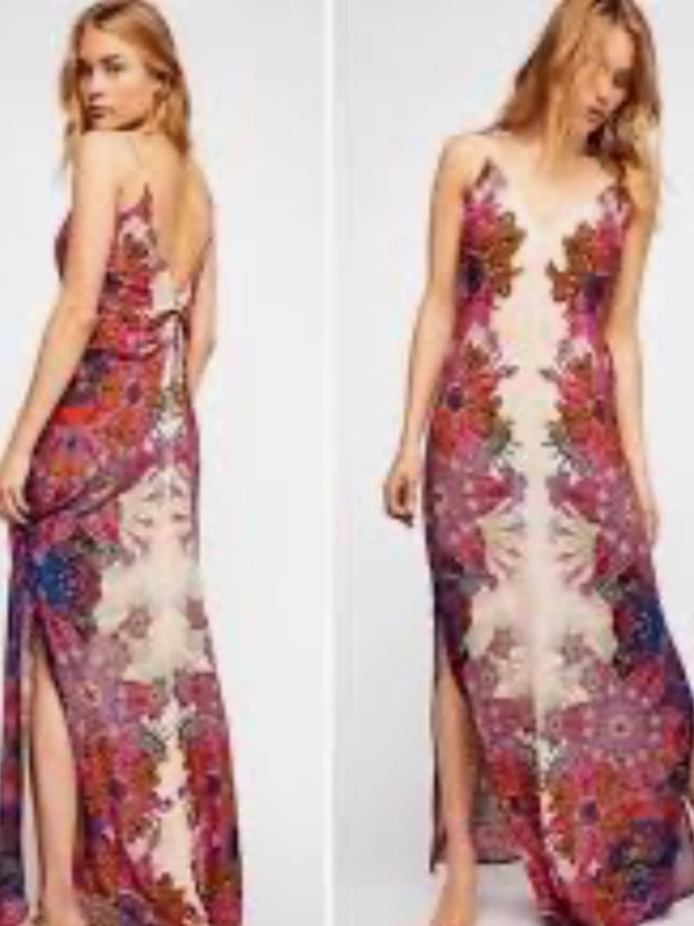 Free People Wildflower Print Maxi Slip Dress Ivory Tea Combo Boho Pink Sz S.